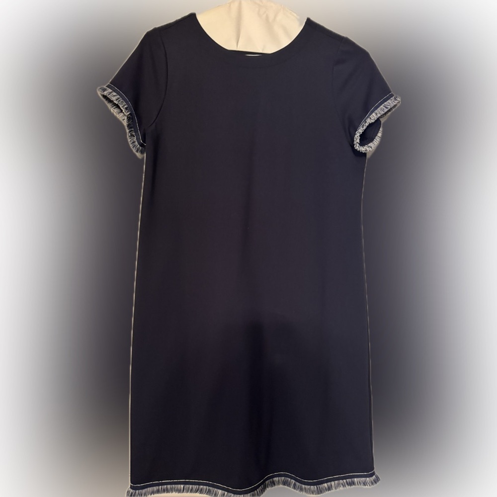 Jude Connally Navy Blue Dress with Fringe Trim